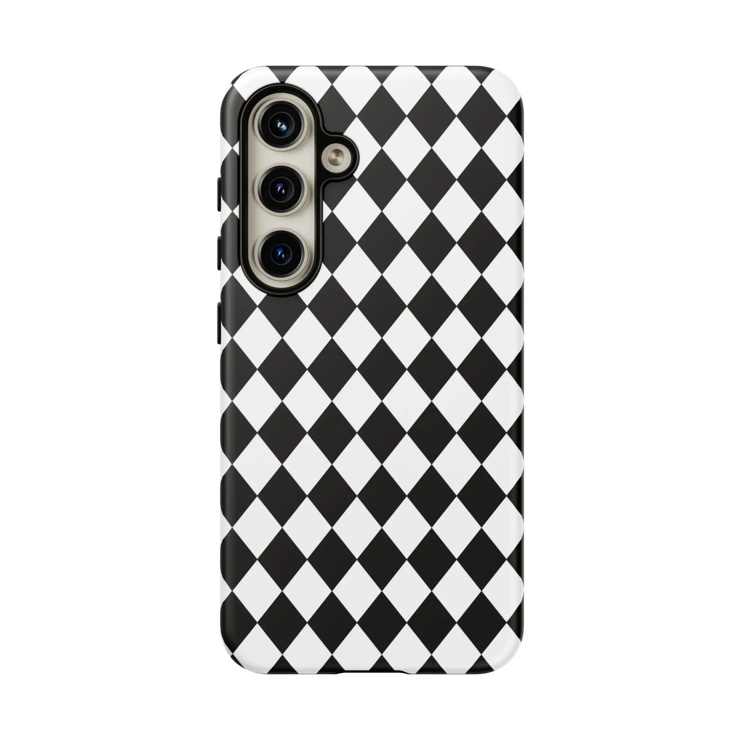 Back side of black and white diamond-patterned dimond tough phone case for iphone google and samsung phones
