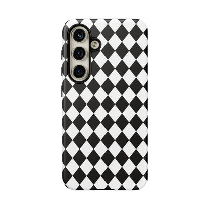Back side of black and white diamond-patterned dimond tough phone case for iphone google and samsung phones