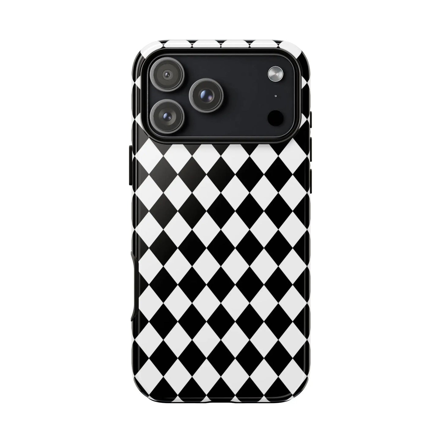 Back side of a black and white diamond tough phone case with sleek modern design for iphone google and samsung