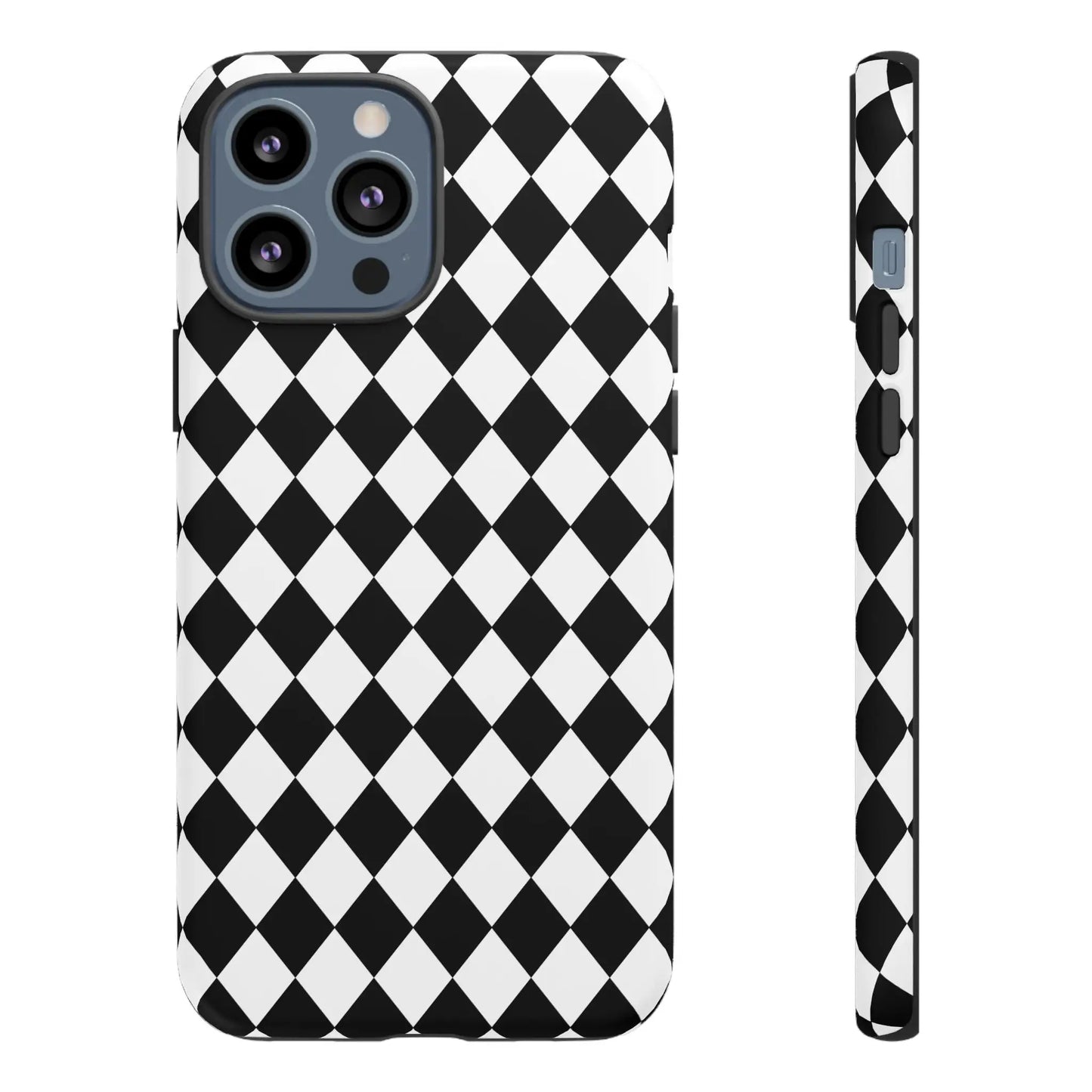 Black dimond tough phone case cover with white and black diamond pattern shown from the back for iphone google samsung