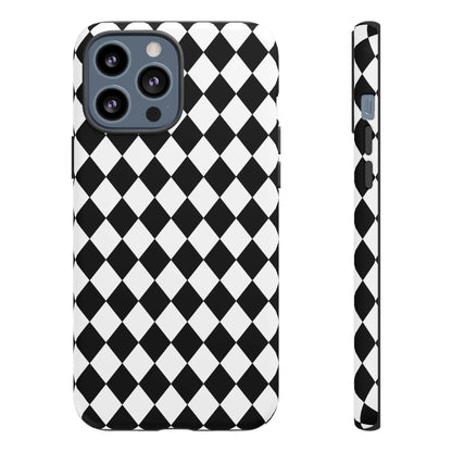 Black dimond tough phone case cover with white and black diamond pattern shown from the back for iphone google samsung