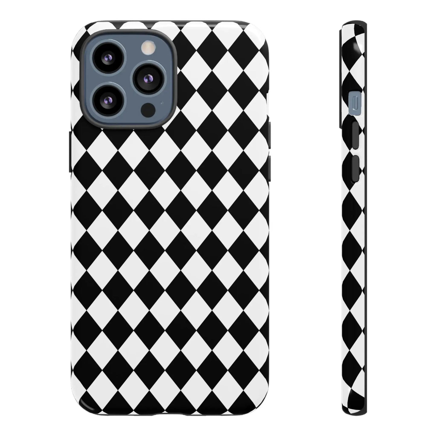 Black dimond tough phone case cover with white and black diamond pattern shown from the back for iphone google samsung