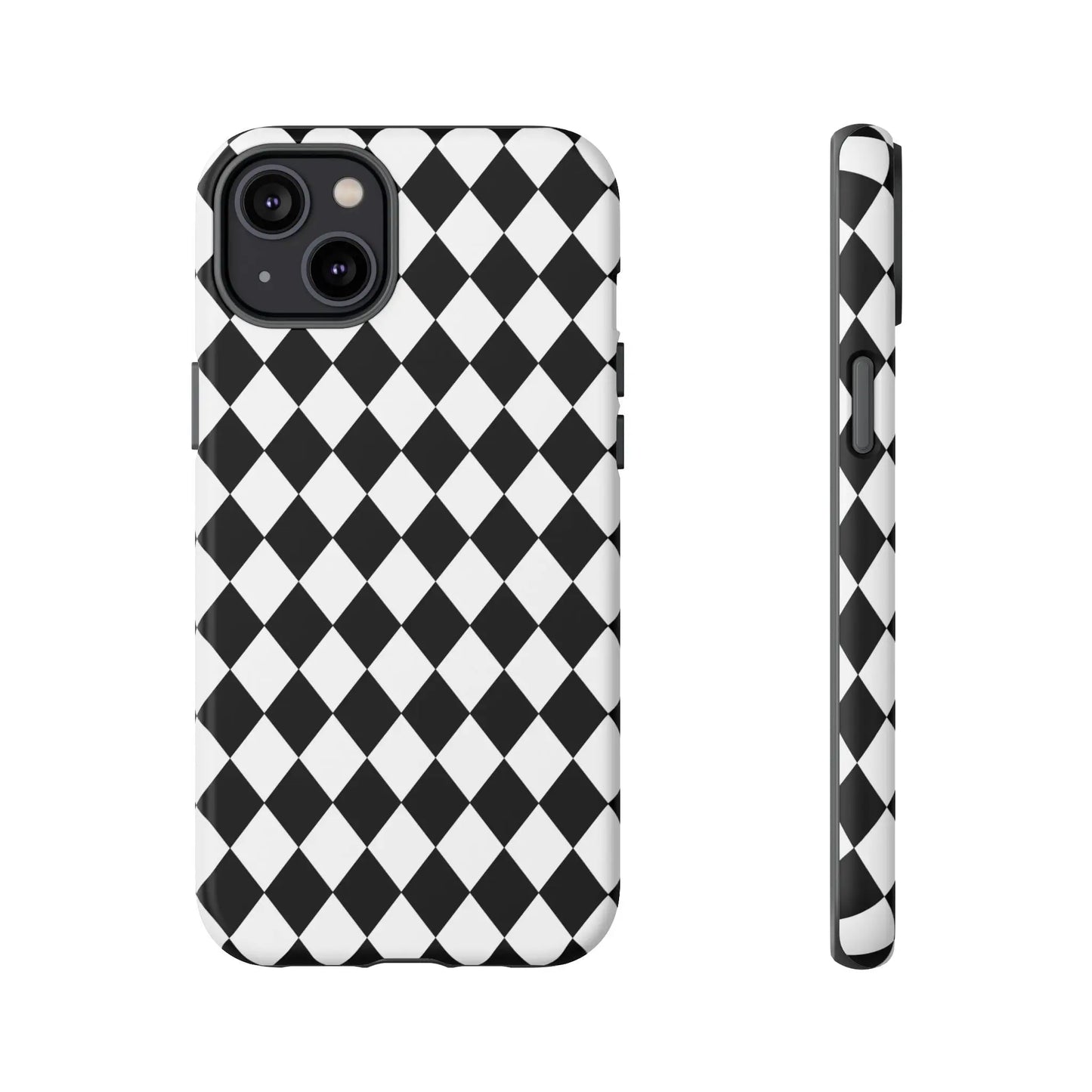 Back side of a white and black dimond tough phone case cover with a sleek modern design for iphone google and samsung