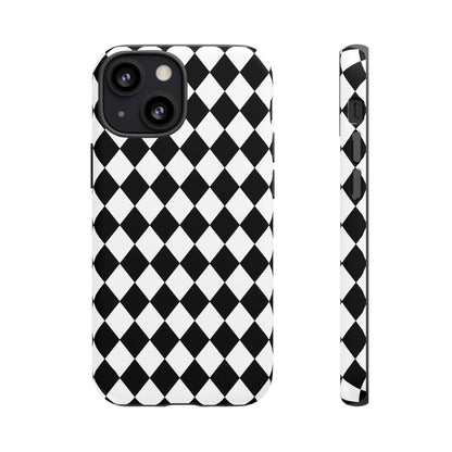 Black dimond tough phone case cover with white and black diamond pattern shown from the back for iPhone Google Samsung