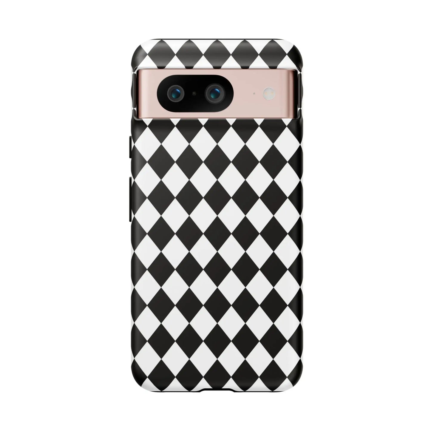 Back side of a white and black dimond tough phone case cover with rose gold camera cutout for iphone google samsung