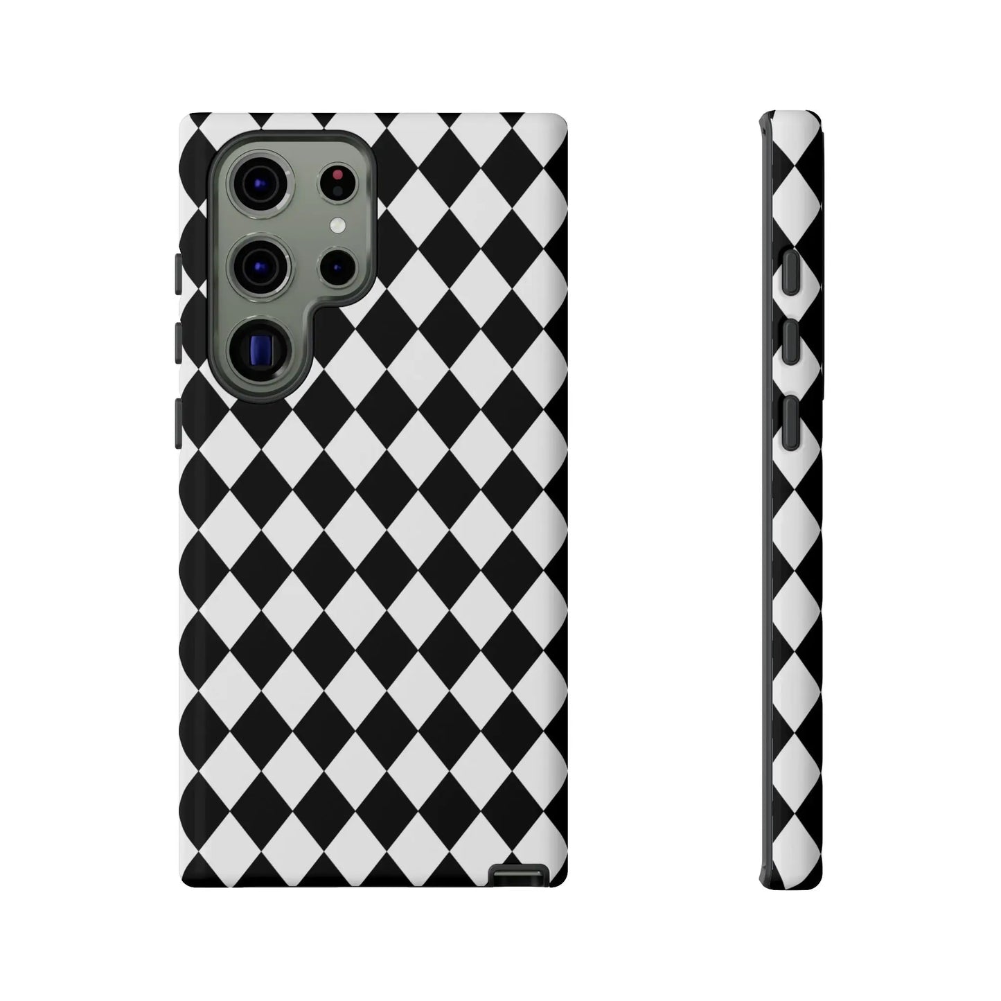 Back side of a black and white diamond tough phone case cover for iphone google and samsung with sleek design