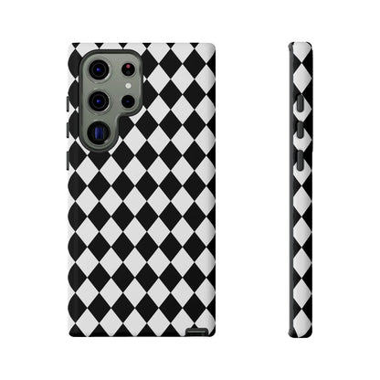 Back side of a black and white diamond tough phone case cover for iphone google and samsung with sleek design