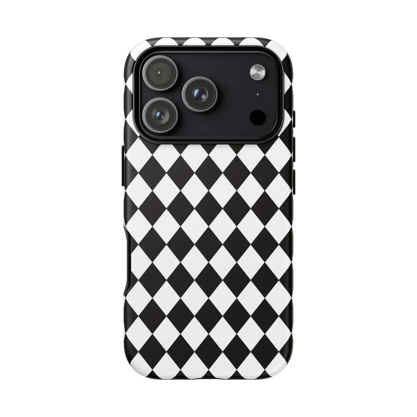 Black dimond tough phone case cover with white and black diamond pattern shown from the back for iphone google samsung