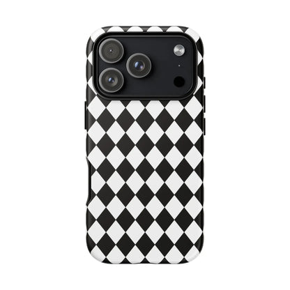 Black dimond tough phone case cover with white and black diamond pattern shown from the back for iphone google samsung