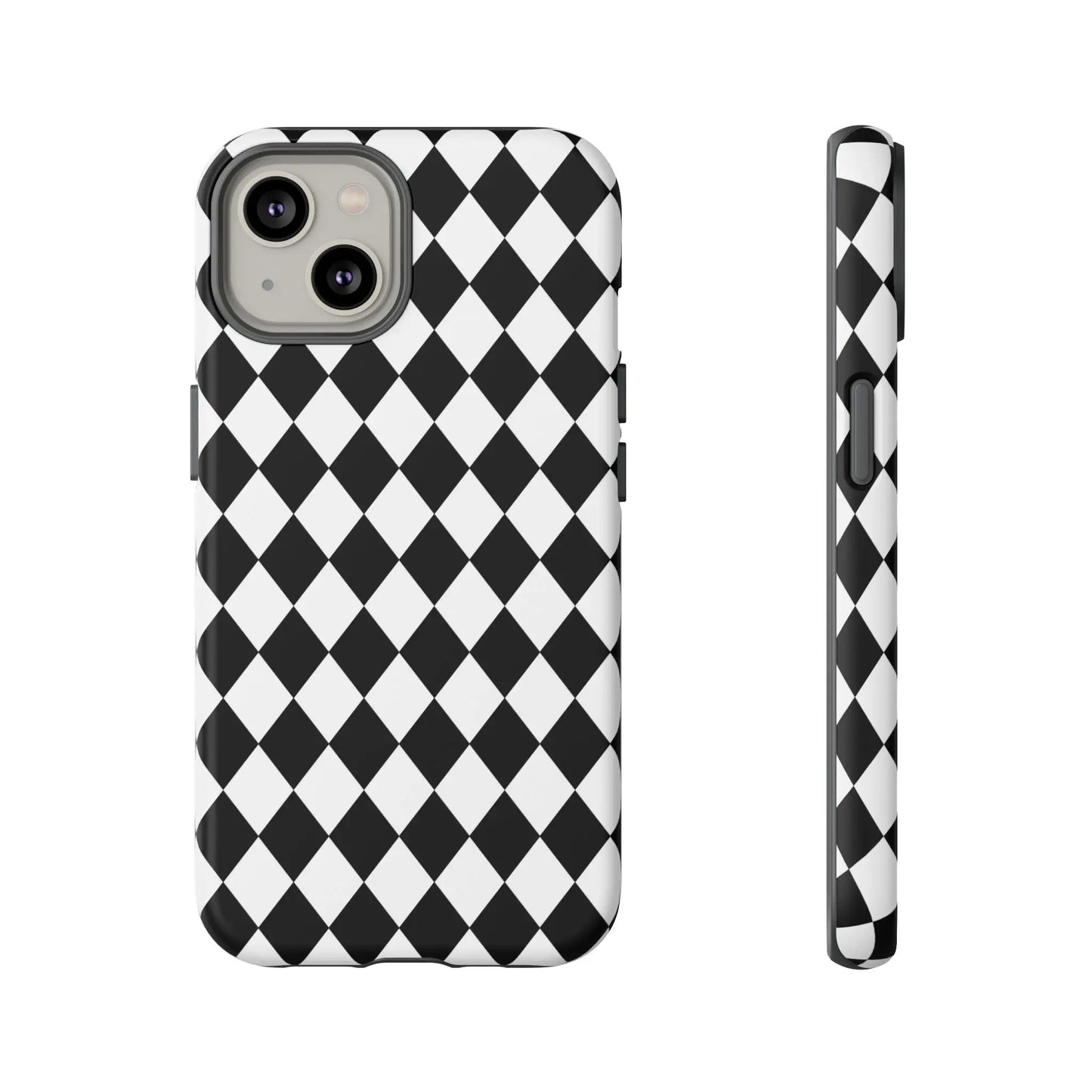 Back side of a sleek white and black dimond tough phone case cover for iphone google and samsung phones