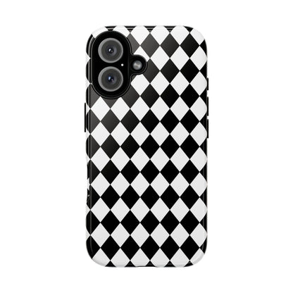 Back side of a black and white diamond pattern gloss finish dimond tough phone case for iphone google samsung