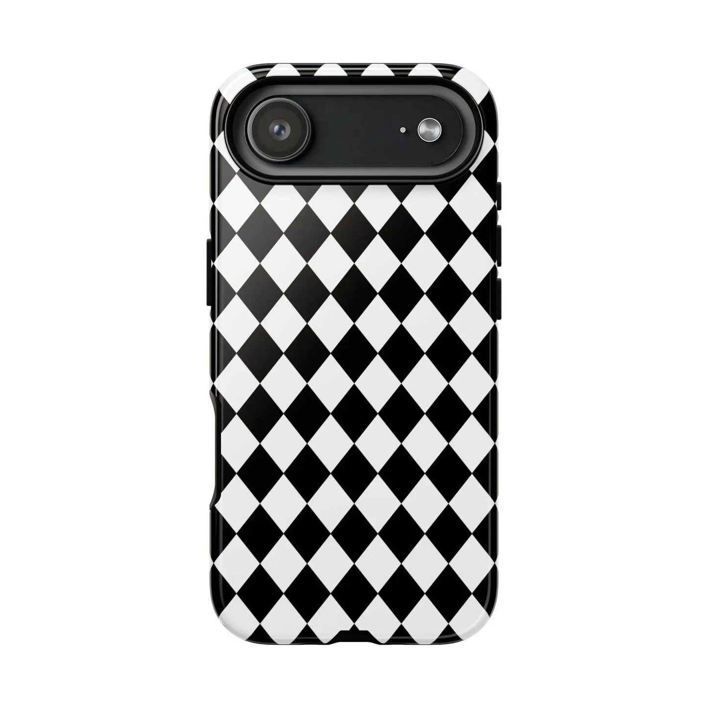 Back side of a sleek black dimond tough phone case with a white and black diamond pattern for iphone google samsung