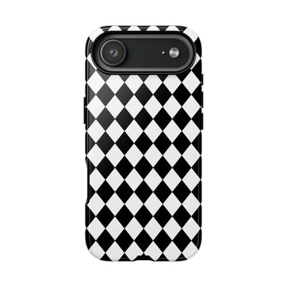 Back side of a sleek black dimond tough phone case with a white and black diamond pattern for iphone google samsung