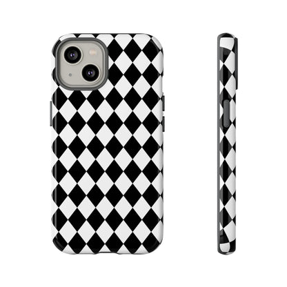 Back side of black and white dimond tough phone case with sleek protective design for iphone google samsung models