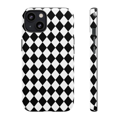 Black dimond tough phone case cover for iPhone Google Samsung with white and black diamond pattern and glossy finish back view