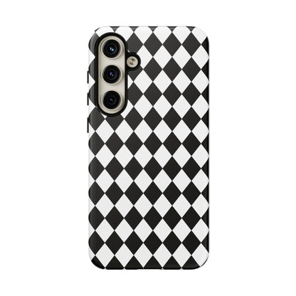 Back side of a black and white diamond tough phone case with a sleek modern design for iphone google and samsung