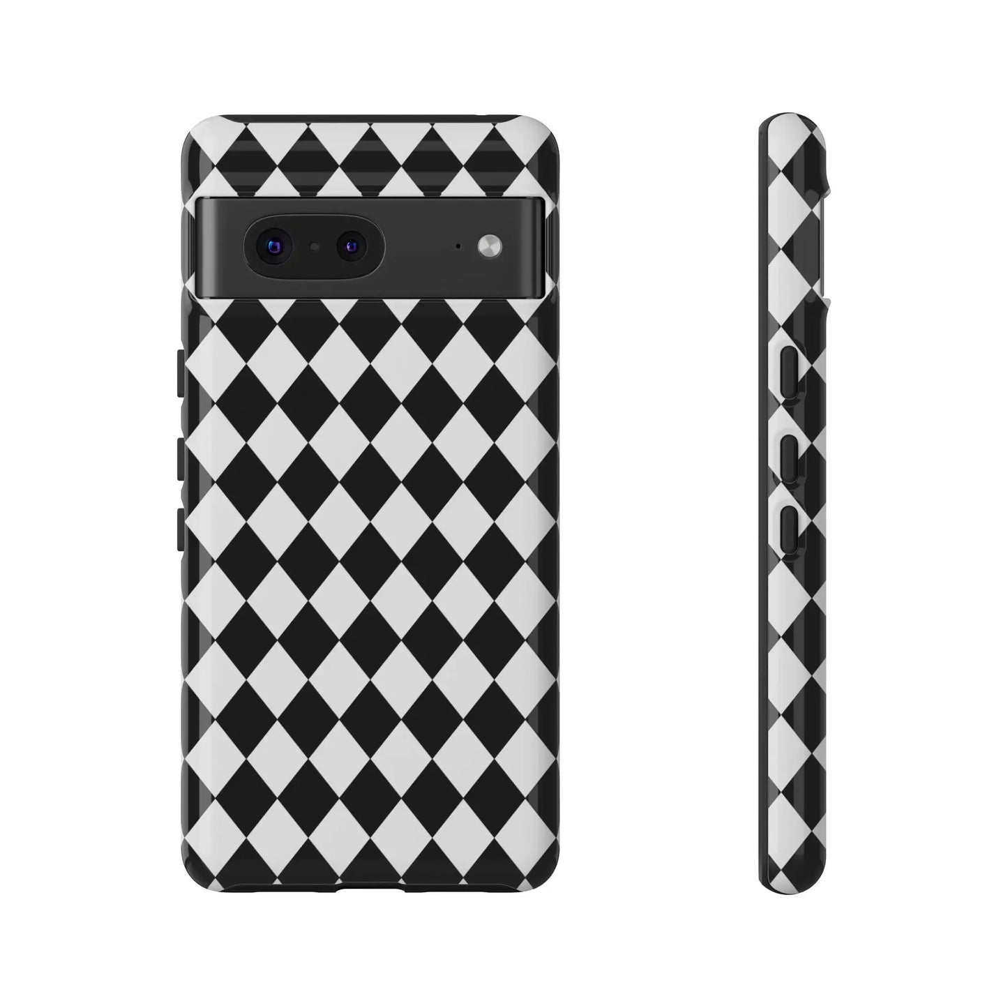 Back side of a white and black diamond patterned black dimond tough phone case cover for iphone google samsung