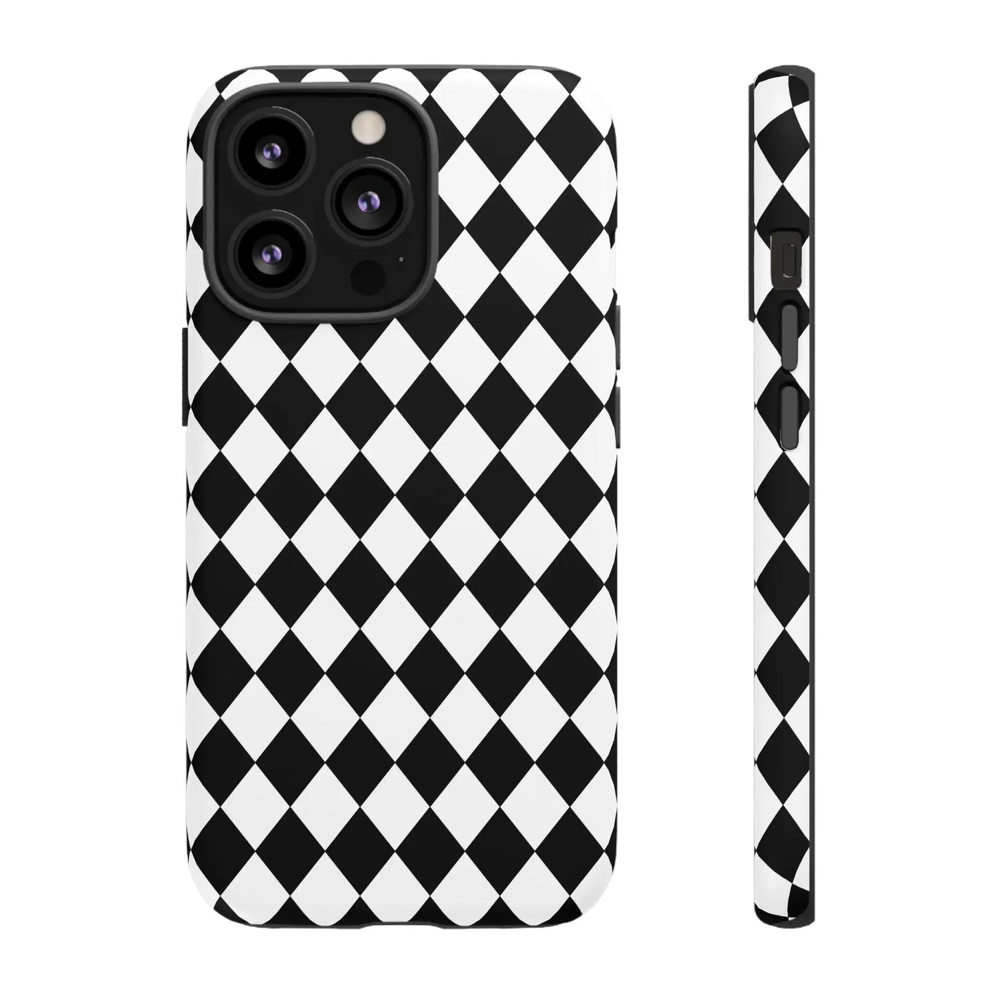 Back side of a black and white dimond tough phone case with a sleek design for iphone google and samsung models