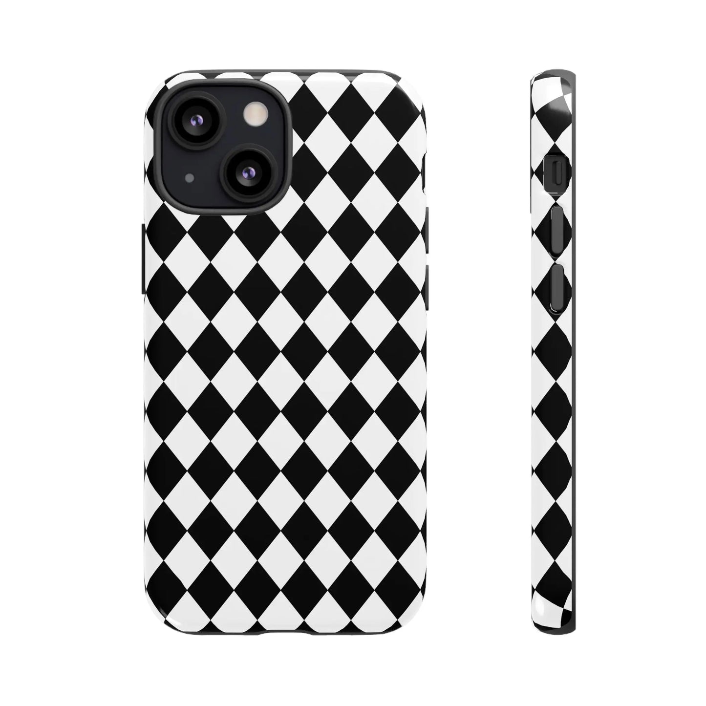 Back side of a white and black dimond tough phone case cover with glossy finish for iphone google and samsung tough phone cases