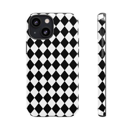 Back side of a white and black dimond tough phone case cover with glossy finish for iphone google and samsung tough phone cases