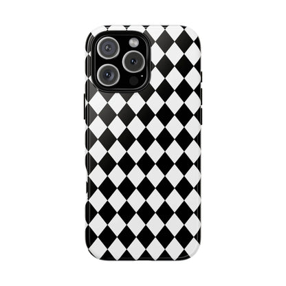 Back side of a black and white dimond tough phone case cover for iphone google and samsung tough phone case