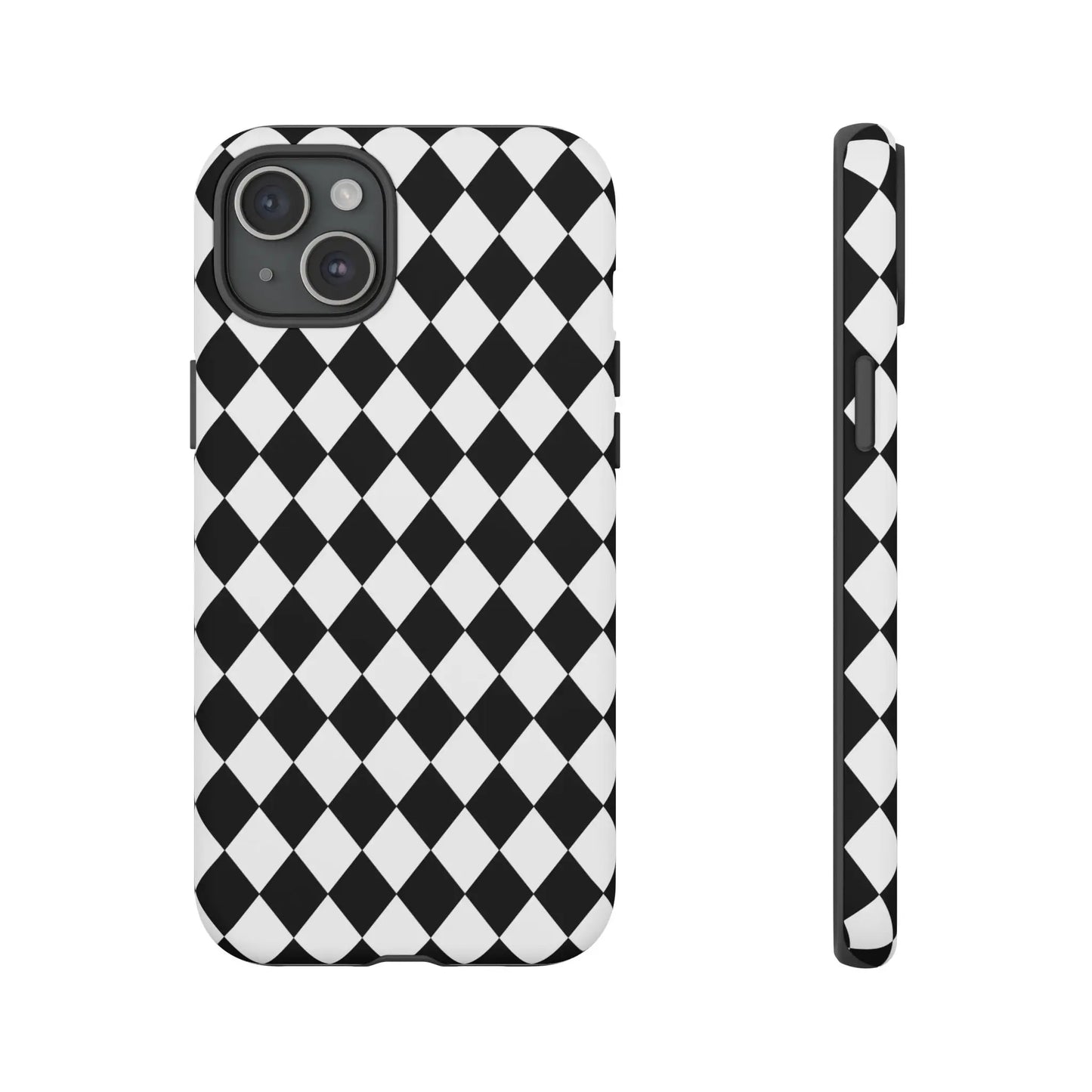 Back side of a black dimond tough phone case cover with white and black diamond pattern for iphone google and samsung