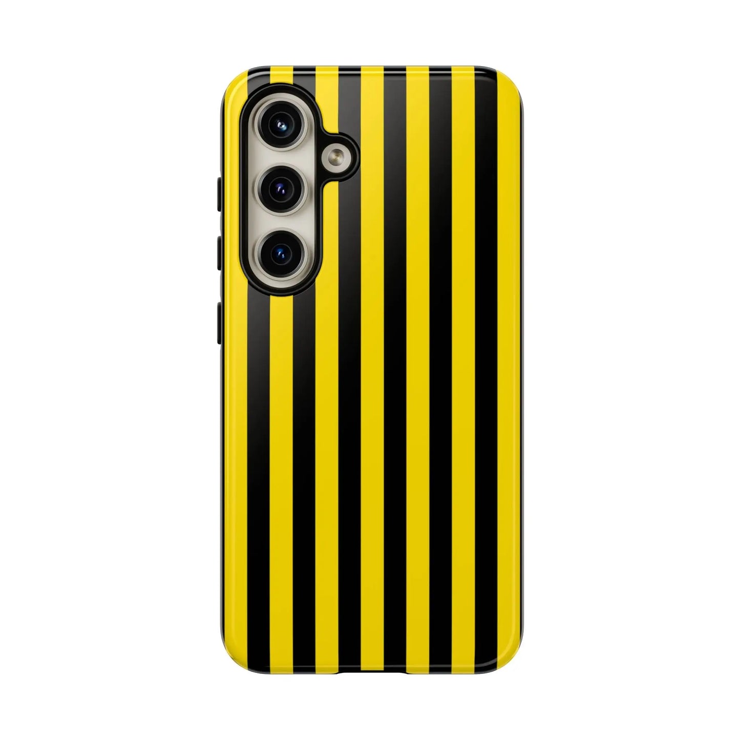 Back side of a vibrant yellow and black stripe tough case phone case with glossy finish for iphone samsung and google phones
