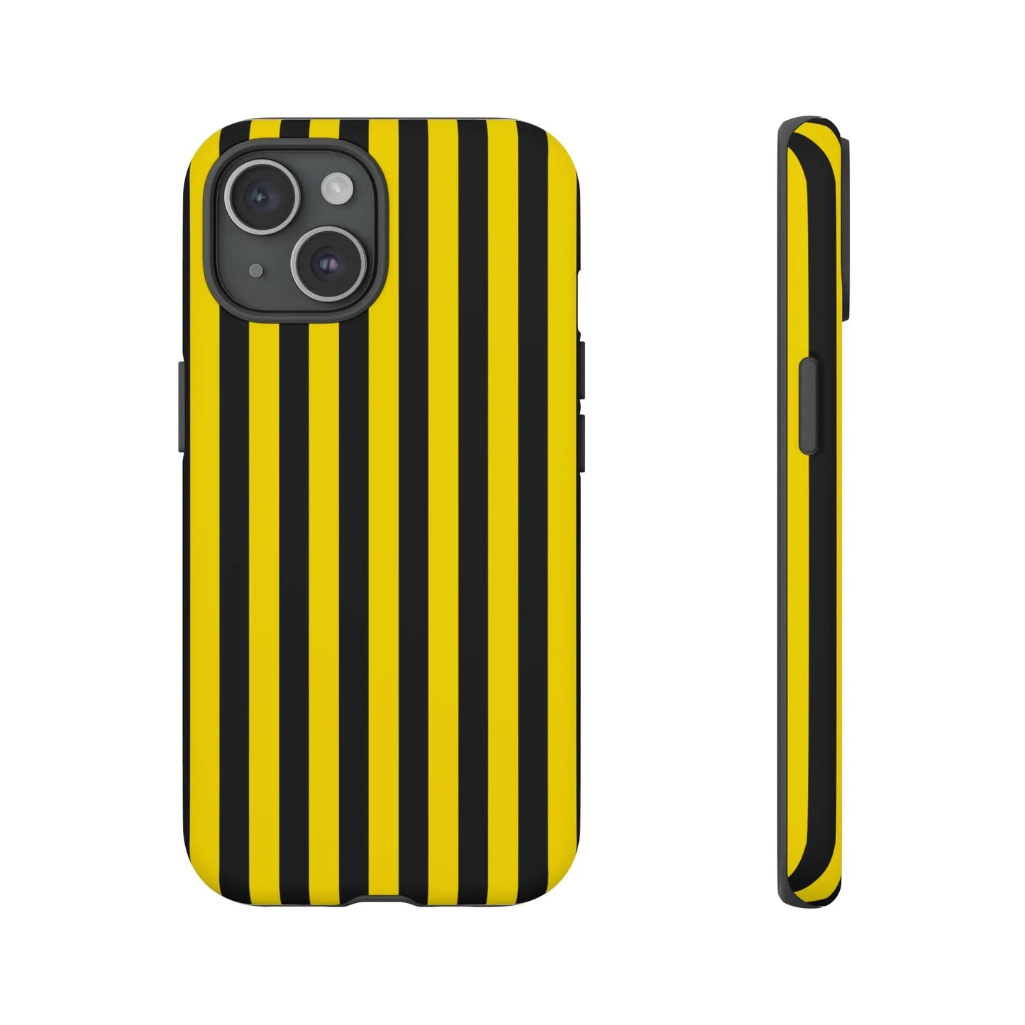 Yellow and black stripe tough case phone case showing back side with protective design for iphone samsung and google phones