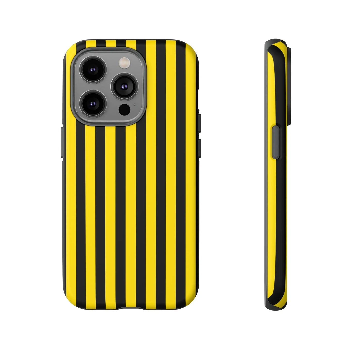 Back side of a yellow and black stripe tough case phone case with protective shell and precise cutouts for iphone 13 pro