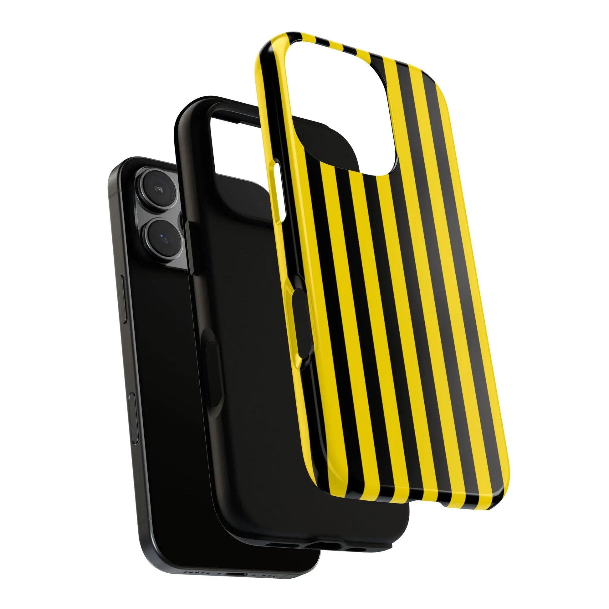 Back side of a vibrant yellow and black stripe tough case phone case with a sleek glossy finish for mobile phones