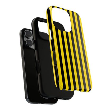 Back side of a vibrant yellow and black stripe tough case phone case with a sleek glossy finish for mobile phones