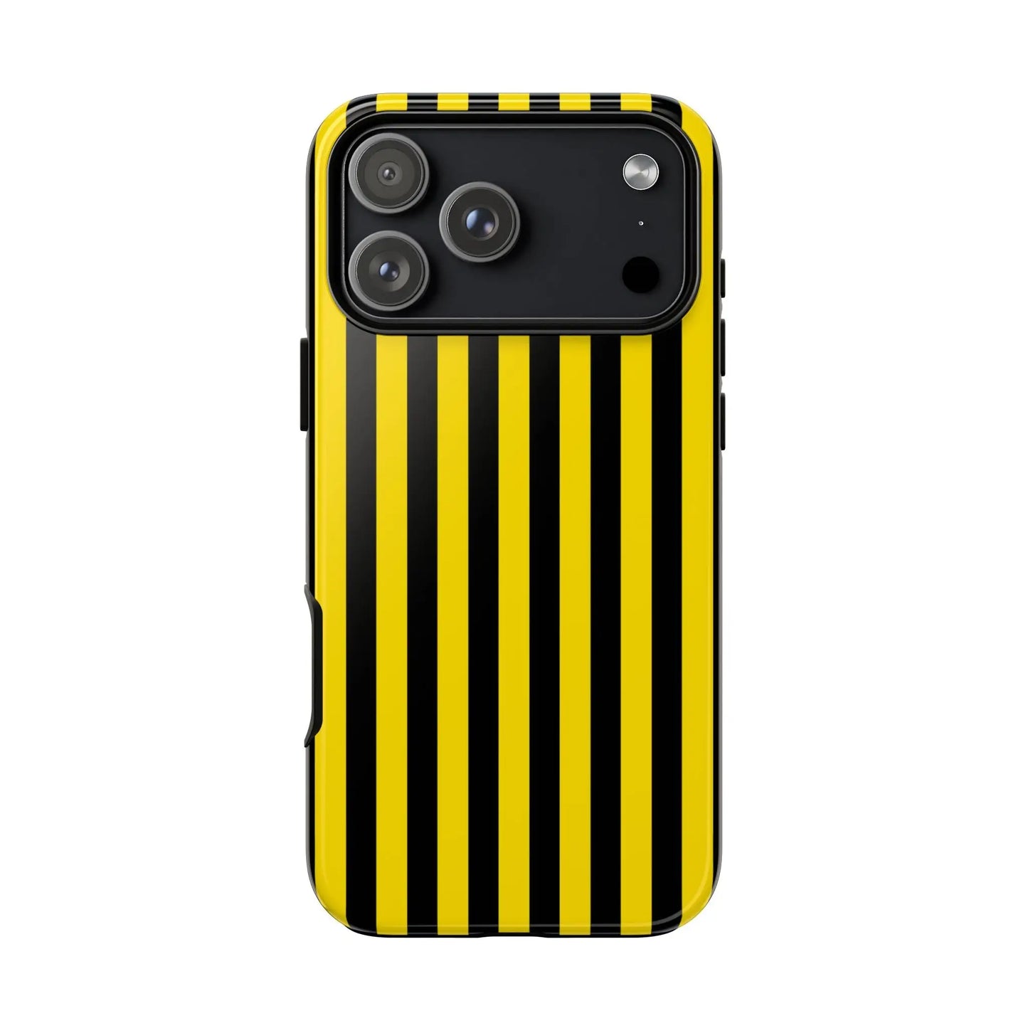 Back side of yellow and black stripe tough case phone case with bold black stripe tough pattern for multiple phones