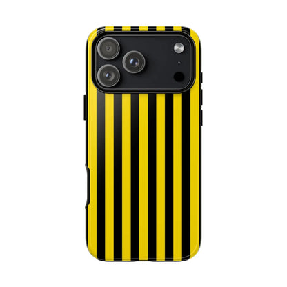 Back side of yellow and black stripe tough case phone case with bold black stripe tough pattern for multiple phones