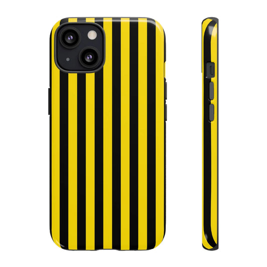 Yellow and black stripe tough case phone case with glossy finish showing back side for iphone samsung google phones
