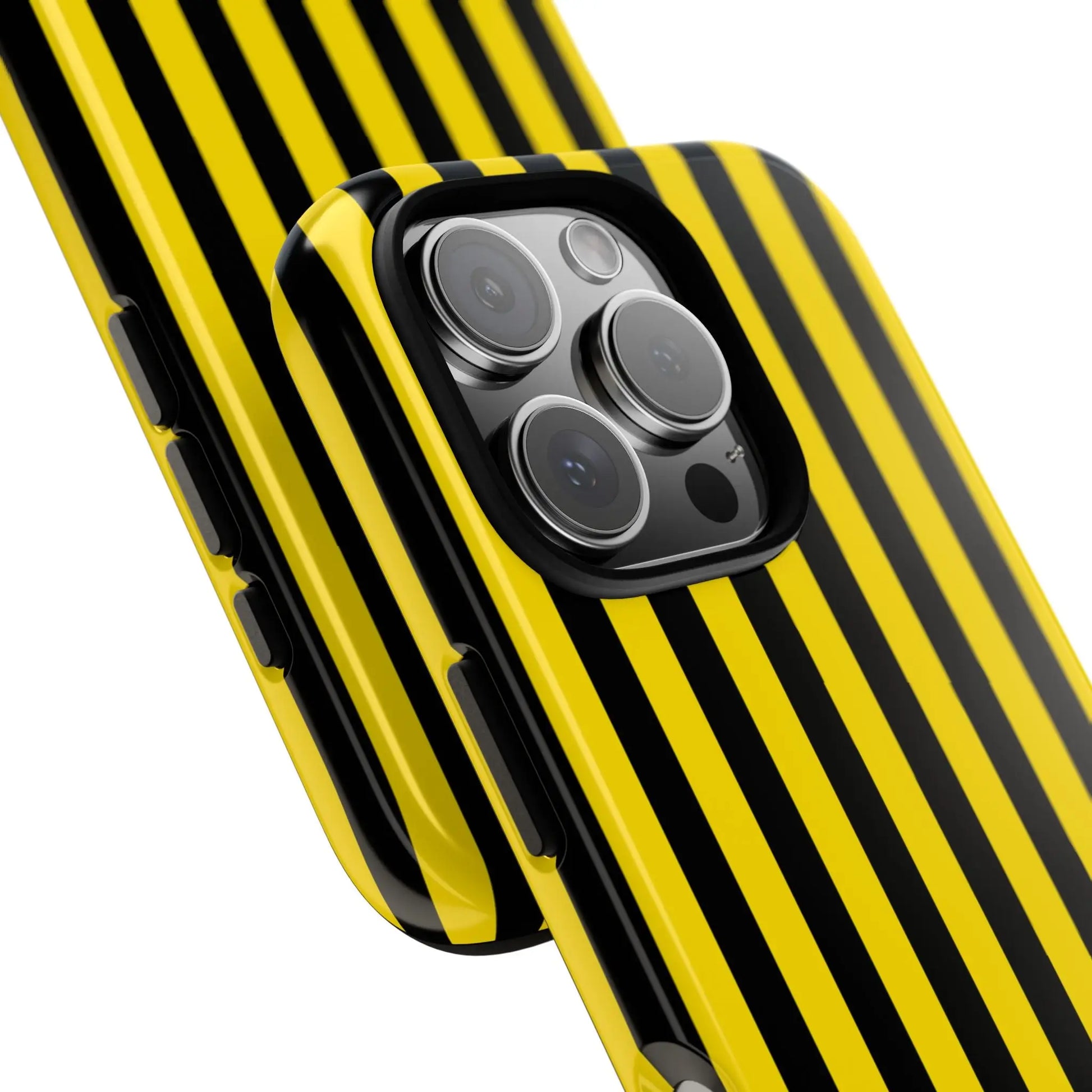 Vibrant yellow and black stripe tough case phone case with glossy finish shown from the back for iphone samsung google