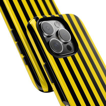 Vibrant yellow and black stripe tough case phone case with glossy finish shown from the back for iphone samsung google