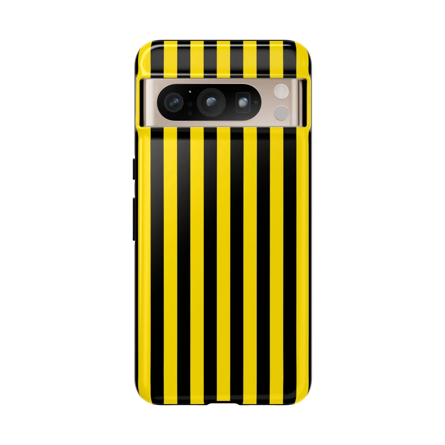 Back side of a vibrant yellow and black stripe tough case phone case with glossy finish for iphone samsung google phones