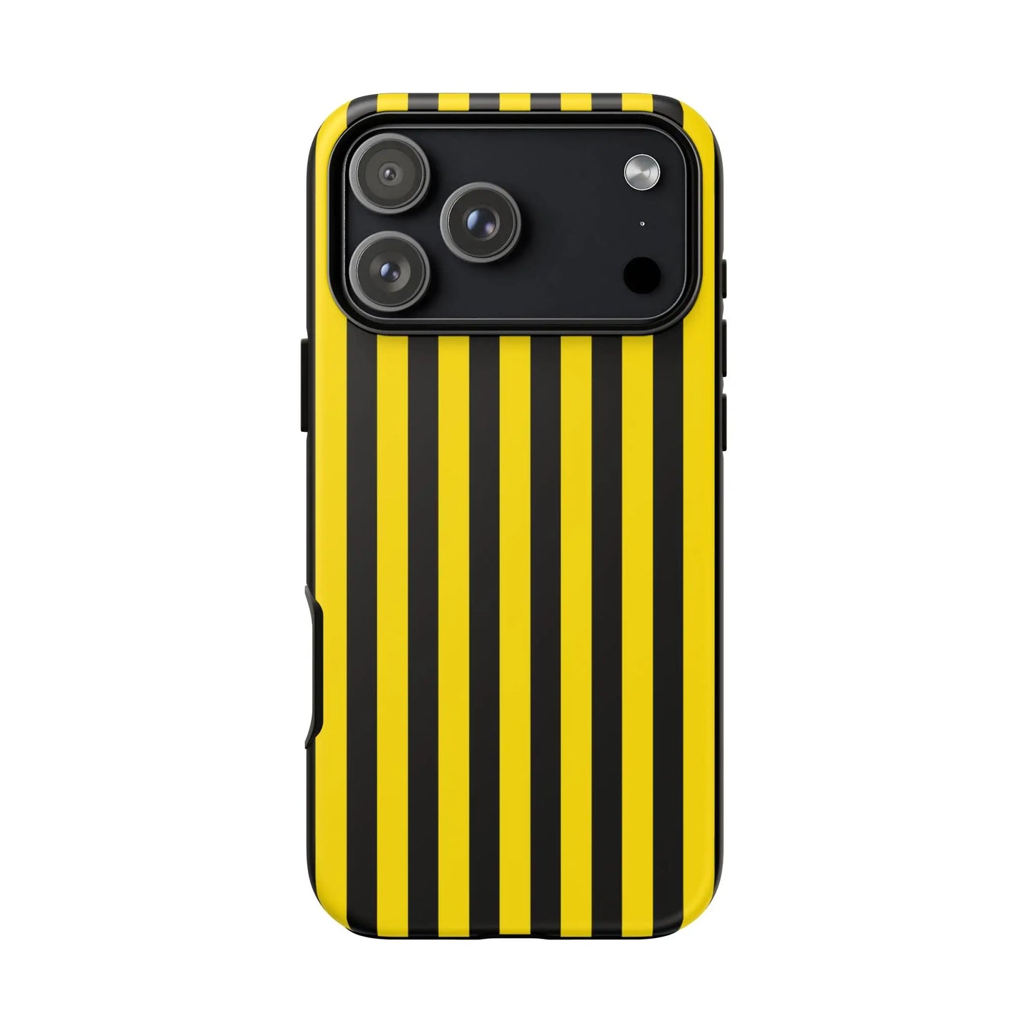 Back side of a bold yellow and black stripe tough case phone case with sleek protective design for iPhone Samsung Google phones