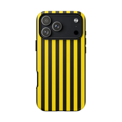 Back side of a bold yellow and black stripe tough case phone case with sleek protective design for iPhone Samsung Google phones