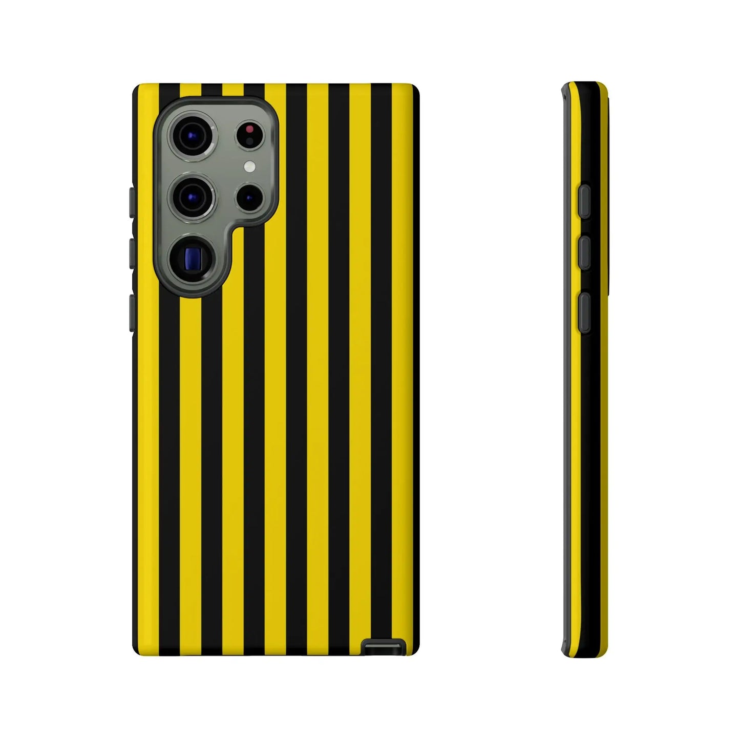 Yellow and black stripe tough case phone case with black stripe tough design shown from the back side