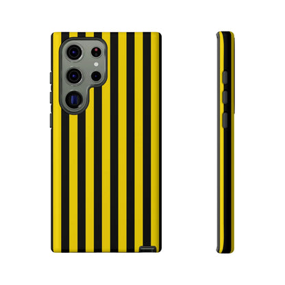 Yellow and black stripe tough case phone case with black stripe tough design shown from the back side