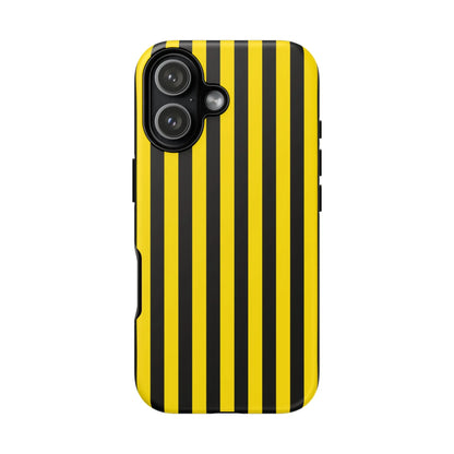 Vibrant yellow and black stripe tough case phone case with sleek protective design shown from the back side