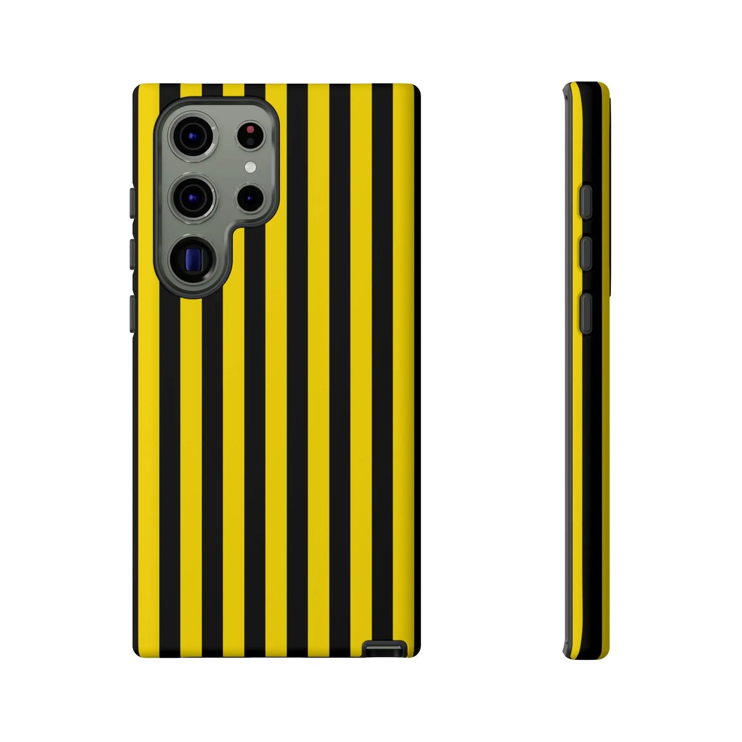 Back view of a yellow and black stripe tough case phone case with sleek modern design for iphone samsung google phones
