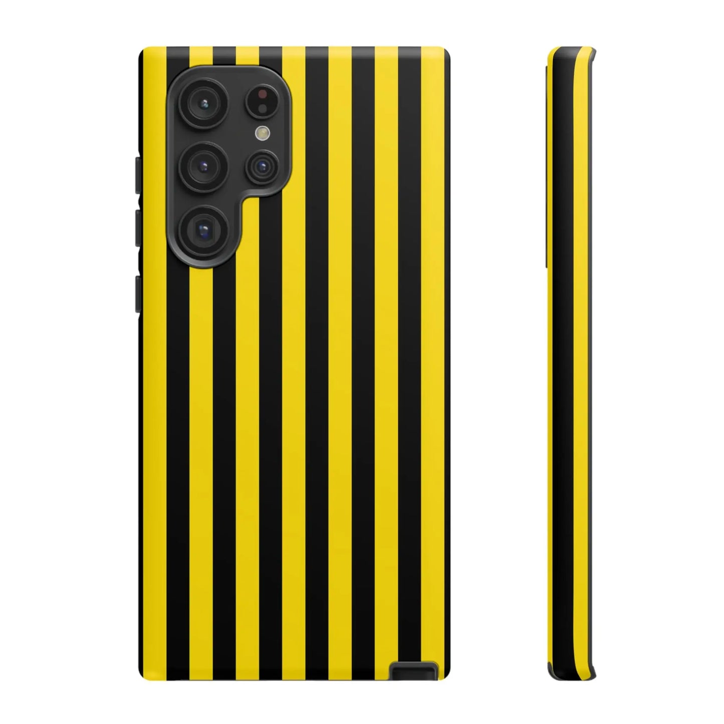 Back view of yellow and black stripe tough case phone case for iPhone Samsung and Google with glossy finish