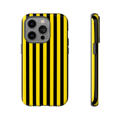 Back side of a vibrant yellow and black stripe tough case phone case with protective design for iphone samsung google phones