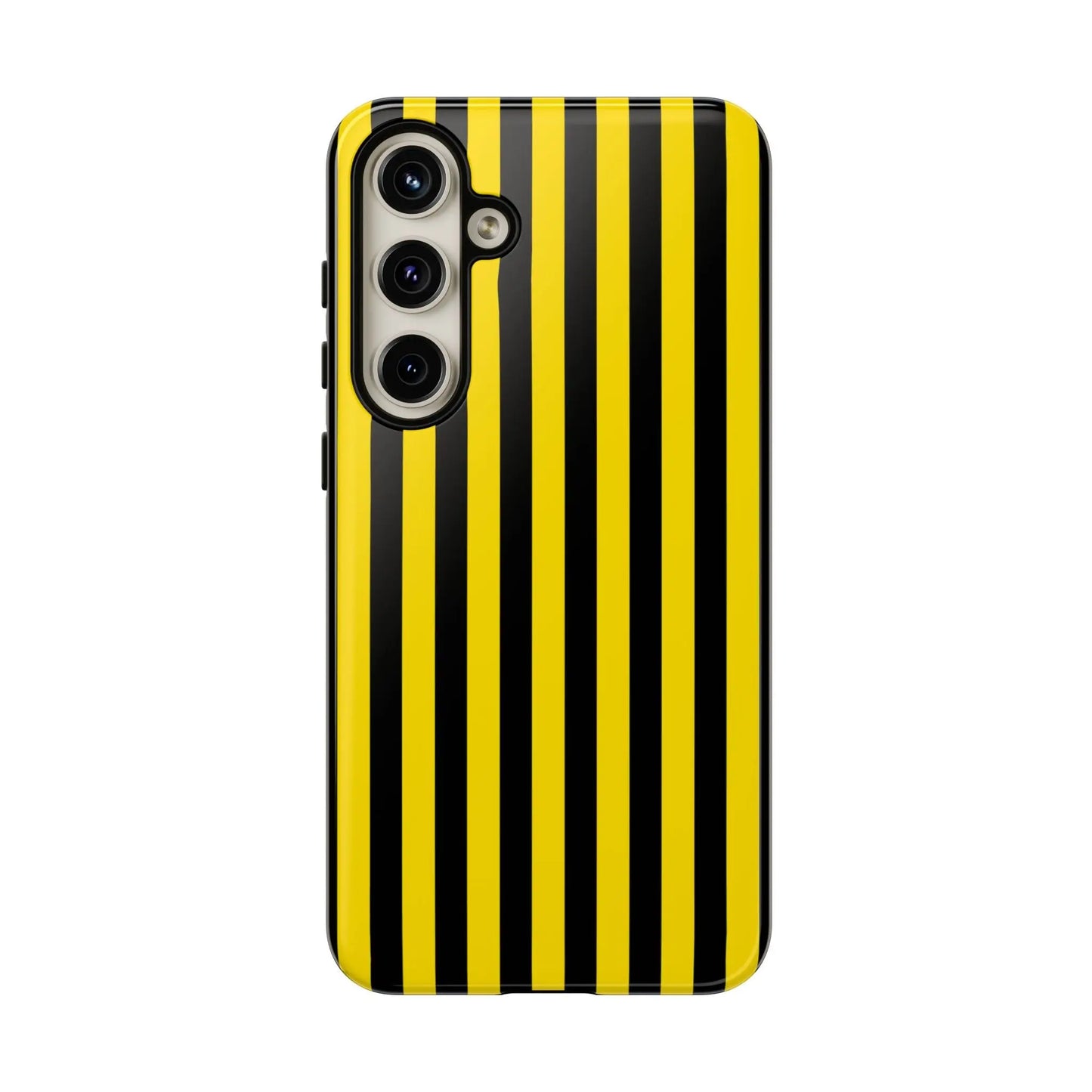 Back view of a vibrant yellow and black stripe tough case phone case with glossy finish for samsung galaxy s23 series
