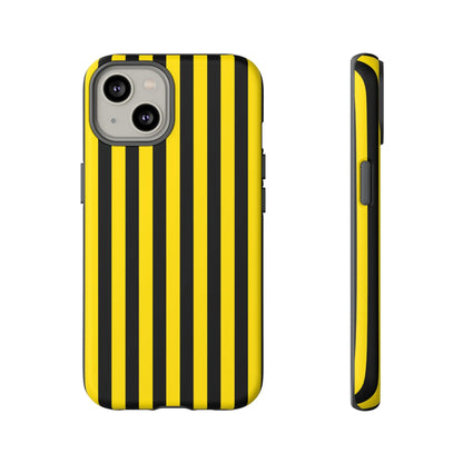 Back side of a vibrant yellow and black stripe tough case phone case with a sleek protective design for mobile phones