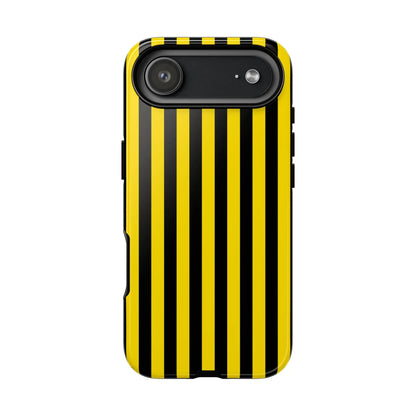 Back side of a yellow and black stripe tough case phone case with a sleek protective design for iphone samsung google phones