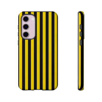 Yellow and black stripe tough case phone case with black stripe tough design shown from the back side for iPhone Samsung Google