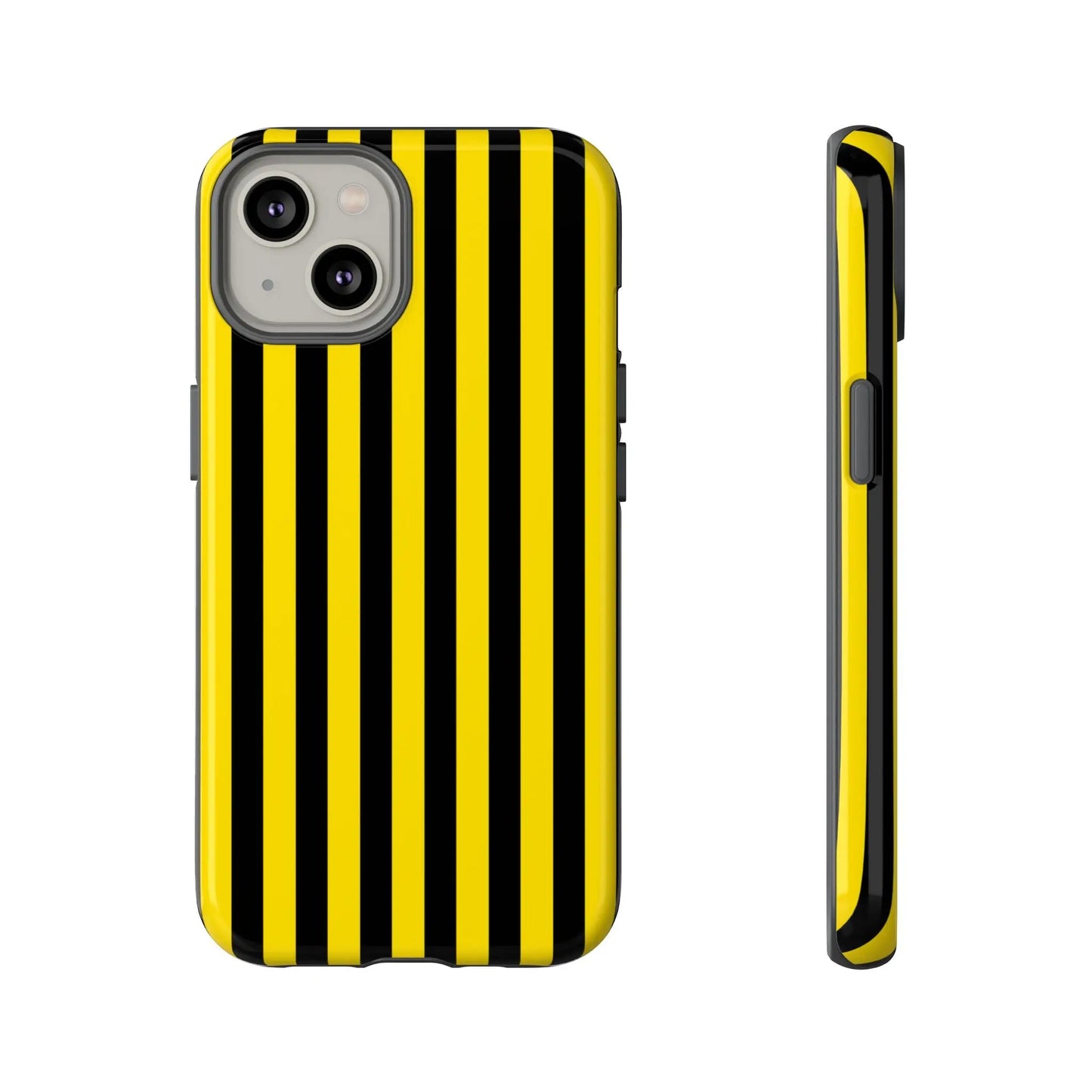 Back side of a vibrant yellow and black stripe tough case phone case with sleek protective design for iPhone Samsung Google phones